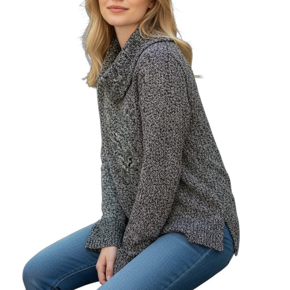 Black Gray Marled Cowl Neck Cotton Blend Sweater Cozy Knit Size Medium